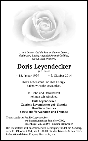 Anzeige von Doris Leyendecker von Kölner Stadt-Anzeiger / Kölnische Rundschau / Express