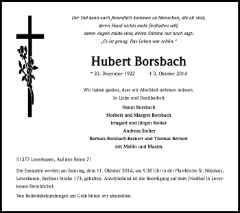 Anzeige von Hubert Borsbach von Kölner Stadt-Anzeiger / Kölnische Rundschau / Express