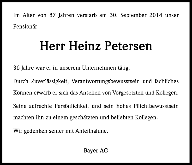  Traueranzeige für Heinz Petersen vom 08.10.2014 aus Kölner Stadt-Anzeiger / Kölnische Rundschau / Express