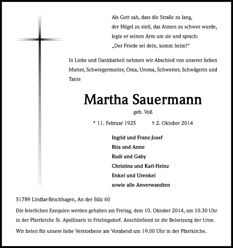  Traueranzeige für Martha Sauermann vom 08.10.2014 aus Kölner Stadt-Anzeiger / Kölnische Rundschau / Express