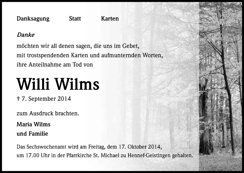  Traueranzeige für Willi Wilms vom 08.10.2014 aus Kölner Stadt-Anzeiger / Kölnische Rundschau / Express