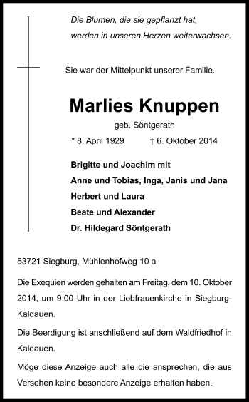 Anzeige von Marlies Knuppen von Kölner Stadt-Anzeiger / Kölnische Rundschau / Express