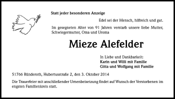 Anzeige von Mieze Alefelder von Kölner Stadt-Anzeiger / Kölnische Rundschau / Express