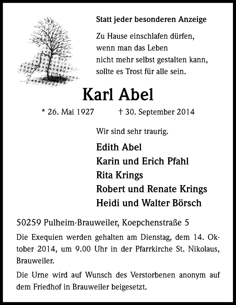  Traueranzeige für Karl Abel vom 11.10.2014 aus Kölner Stadt-Anzeiger / Kölnische Rundschau / Express