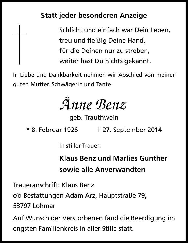  Traueranzeige für Anne Benz vom 11.10.2014 aus Kölner Stadt-Anzeiger / Kölnische Rundschau / Express