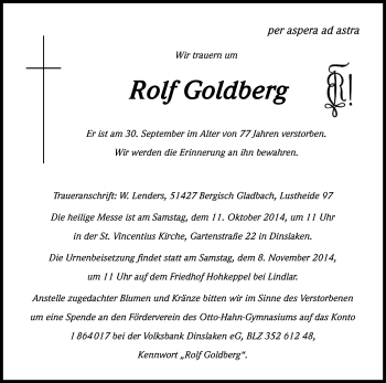 Anzeige von Rolf Goldberg von Kölner Stadt-Anzeiger / Kölnische Rundschau / Express