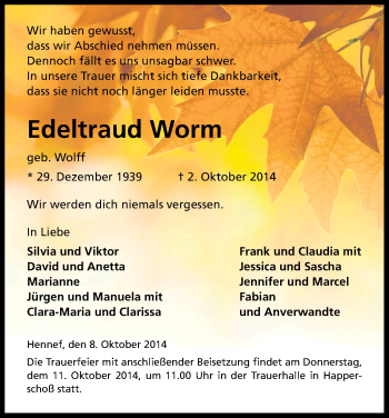 Anzeige von Edeltraud Worm von Kölner Stadt-Anzeiger / Kölnische Rundschau / Express