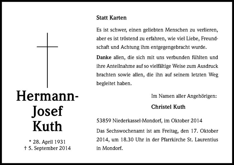  Traueranzeige für Hermann-Josef Kuth vom 11.10.2014 aus Kölner Stadt-Anzeiger / Kölnische Rundschau / Express