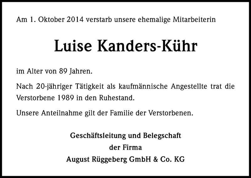  Traueranzeige für Luise Kanders-Kühr vom 08.10.2014 aus Kölner Stadt-Anzeiger / Kölnische Rundschau / Express
