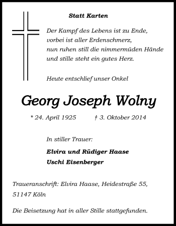 Anzeige von Georg Joseph Wolny von Kölner Stadt-Anzeiger / Kölnische Rundschau / Express