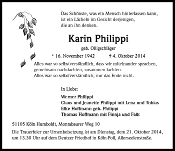 Anzeige von Karin Philippi von Kölner Stadt-Anzeiger / Kölnische Rundschau / Express