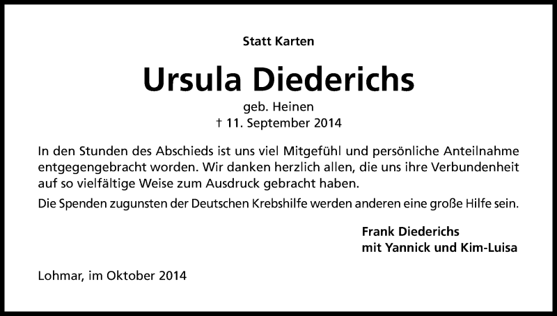  Traueranzeige für Ursula Diederichs vom 11.10.2014 aus Kölner Stadt-Anzeiger / Kölnische Rundschau / Express