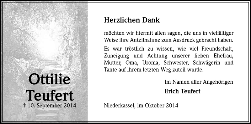  Traueranzeige für Ottilie Teufert vom 11.10.2014 aus Kölner Stadt-Anzeiger / Kölnische Rundschau / Express