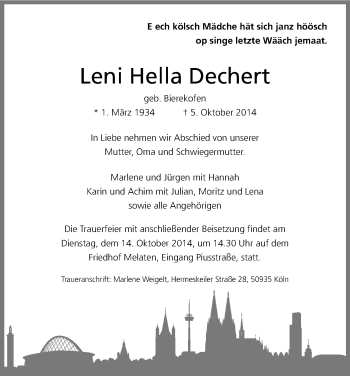 Anzeige von Leni Hella Dechert von Kölner Stadt-Anzeiger / Kölnische Rundschau / Express
