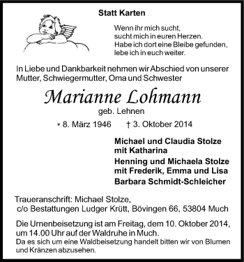 Anzeige von Marianne Lohmann von Kölner Stadt-Anzeiger / Kölnische Rundschau / Express