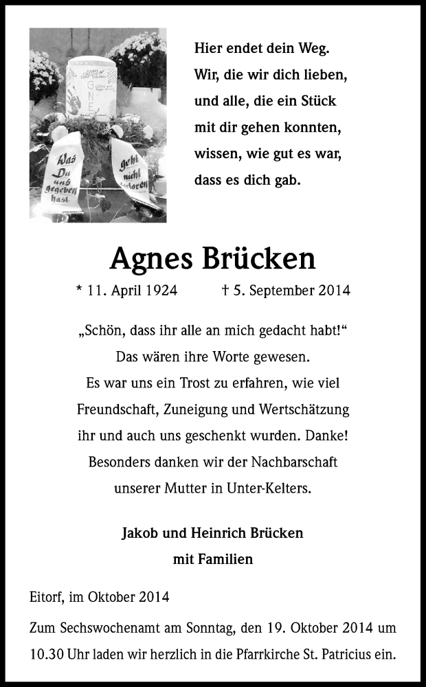  Traueranzeige für Agnes Brücken vom 11.10.2014 aus Kölner Stadt-Anzeiger / Kölnische Rundschau / Express