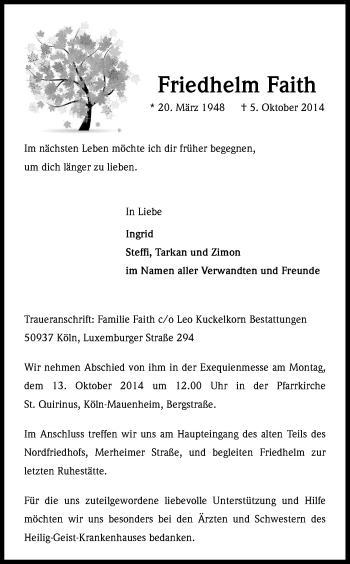 Anzeige von Friedhelm Faith von Kölner Stadt-Anzeiger / Kölnische Rundschau / Express