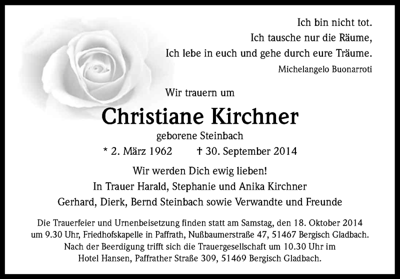 Traueranzeige für Christiane Kirchner vom 15.10.2014 aus Kölner Stadt-Anzeiger / Kölnische Rundschau / Express