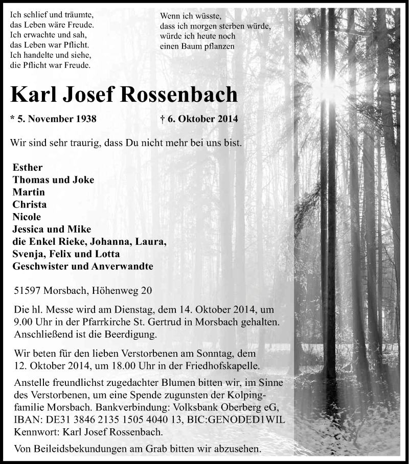  Traueranzeige für Karl Josef Rossenbach vom 09.10.2014 aus Kölner Stadt-Anzeiger / Kölnische Rundschau / Express