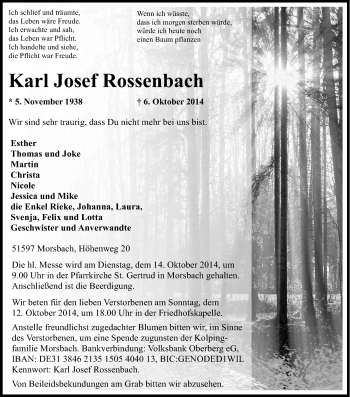 Anzeige von Karl Josef Rossenbach von Kölner Stadt-Anzeiger / Kölnische Rundschau / Express