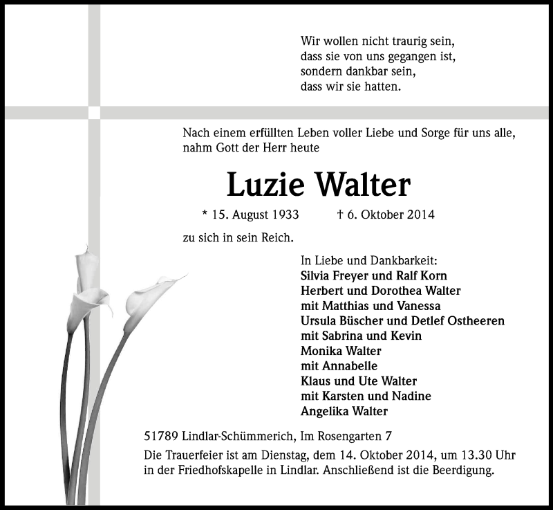  Traueranzeige für Luzie Walter vom 09.10.2014 aus Kölner Stadt-Anzeiger / Kölnische Rundschau / Express