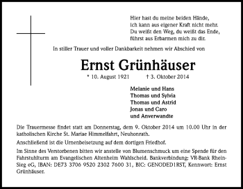 Anzeige von Ernst Grünhäuser von Kölner Stadt-Anzeiger / Kölnische Rundschau / Express