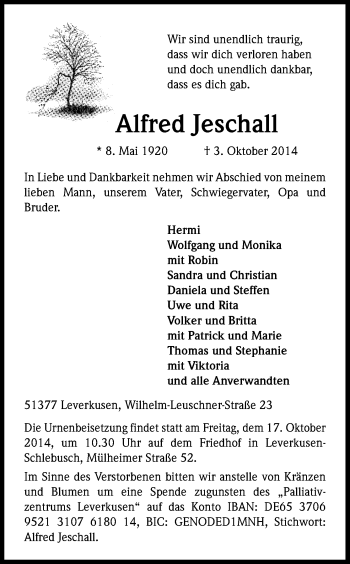 Anzeige von Alfred Jeschall von Kölner Stadt-Anzeiger / Kölnische Rundschau / Express