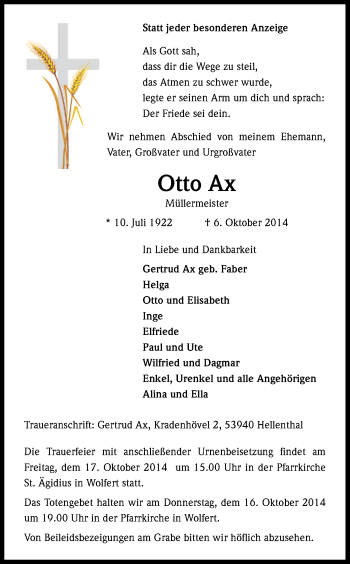 Anzeige von Otto Ax von Kölner Stadt-Anzeiger / Kölnische Rundschau / Express