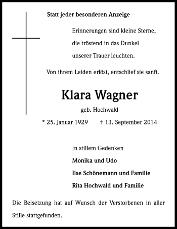 Anzeige von Klara Wagner von Kölner Stadt-Anzeiger / Kölnische Rundschau / Express