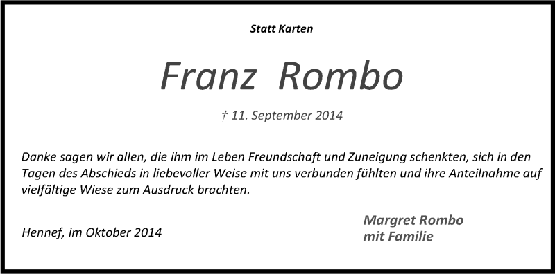  Traueranzeige für Franz Rombo vom 11.10.2014 aus Kölner Stadt-Anzeiger / Kölnische Rundschau / Express