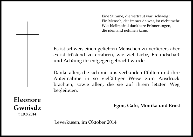  Traueranzeige für Eleonore Gwoisdz vom 11.10.2014 aus Kölner Stadt-Anzeiger / Kölnische Rundschau / Express