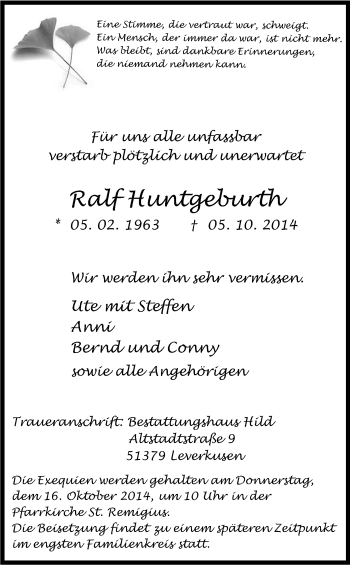 Anzeige von Ralf Huntgeburth von Kölner Stadt-Anzeiger / Kölnische Rundschau / Express