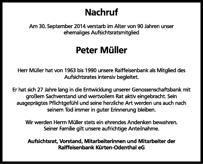  Traueranzeige für Peter Müller vom 11.10.2014 aus Kölner Stadt-Anzeiger / Kölnische Rundschau / Express