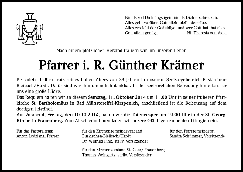  Traueranzeige für Günther Krämer vom 09.10.2014 aus Kölner Stadt-Anzeiger / Kölnische Rundschau / Express