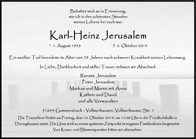  Traueranzeige für Karl-Heinz Jerusalem vom 09.10.2014 aus Kölner Stadt-Anzeiger / Kölnische Rundschau / Express