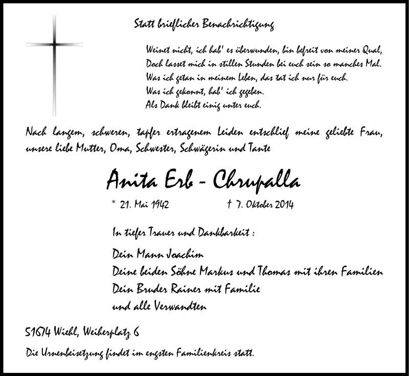  Traueranzeige für Anita Erb-Chrupalla vom 11.10.2014 aus Kölner Stadt-Anzeiger / Kölnische Rundschau / Express