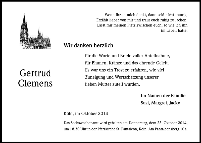 Traueranzeige für Gertrud Clemens vom 11.10.2014 aus Kölner Stadt-Anzeiger / Kölnische Rundschau / Express