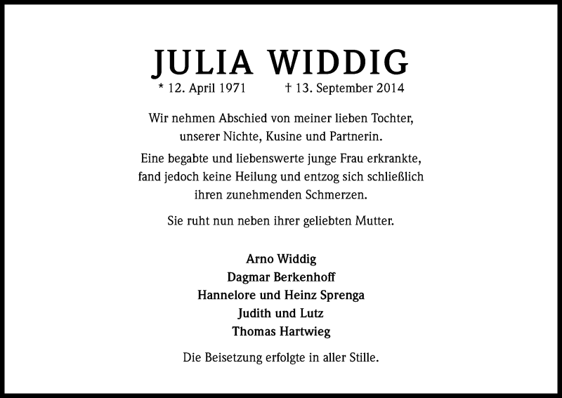  Traueranzeige für Julia Widdig vom 11.10.2014 aus Kölner Stadt-Anzeiger / Kölnische Rundschau / Express