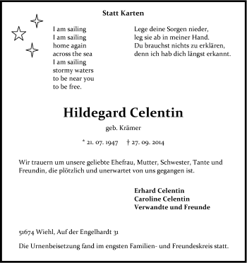 Anzeige von Hildegard Celentin von Kölner Stadt-Anzeiger / Kölnische Rundschau / Express