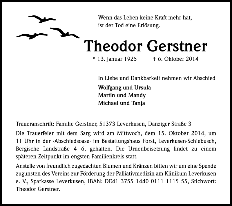  Traueranzeige für Theodor Gerstner vom 11.10.2014 aus Kölner Stadt-Anzeiger / Kölnische Rundschau / Express