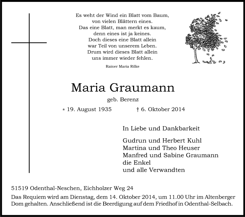  Traueranzeige für Maria Graumann vom 11.10.2014 aus Kölner Stadt-Anzeiger / Kölnische Rundschau / Express