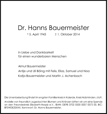 Anzeige von Hanns Bauermeister von Kölner Stadt-Anzeiger / Kölnische Rundschau / Express