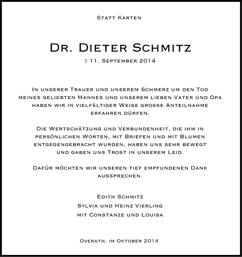  Traueranzeige für Dieter Schmitz vom 11.10.2014 aus Kölner Stadt-Anzeiger / Kölnische Rundschau / Express
