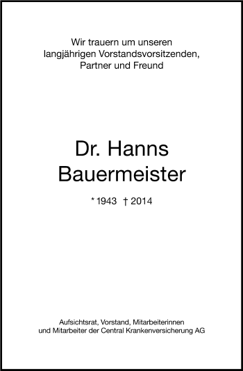 Anzeige von Hanns Bauermeister von Kölner Stadt-Anzeiger / Kölnische Rundschau / Express