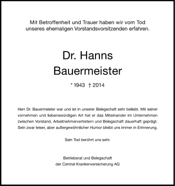 Anzeige von Hans Bauermeister von Kölner Stadt-Anzeiger / Kölnische Rundschau / Express