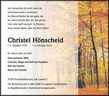 Anzeige von Christel Hönscheid von Kölner Stadt-Anzeiger / Kölnische Rundschau / Express