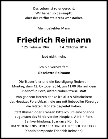 Anzeige von Friedrich Reimann von Kölner Stadt-Anzeiger / Kölnische Rundschau / Express