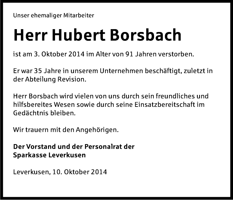  Traueranzeige für Hubert Borsbach vom 10.10.2014 aus Kölner Stadt-Anzeiger / Kölnische Rundschau / Express