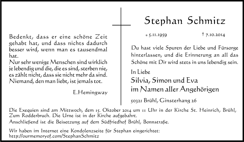  Traueranzeige für Stephan Schmitz vom 10.10.2014 aus Kölner Stadt-Anzeiger / Kölnische Rundschau / Express