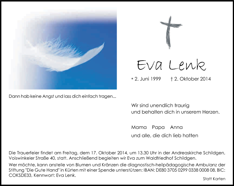  Traueranzeige für Eva Lenk vom 11.10.2014 aus Kölner Stadt-Anzeiger / Kölnische Rundschau / Express